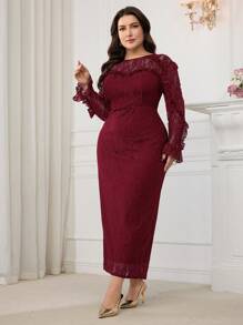 Modelyn Plus Size Solid Color Long Sleeve Lace Simple Fashion Dress, Suitable For Summer - Burgundy - View 4
