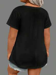 SHEIN LUNE Plus Size Casual Short Sleeve T-Shirt With Graphic Doodles And Lines Hot Stamping Pattern, Regular Shoulder, BROKEN CRAYONS STILL COLOR Graphic Tees Women Tops, For Summer - Black - View 2