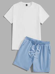Manfinity ZONE917 Street Style Original Blue Japanese Crane Ukiyo-E Landscape Print White Knit T-Shirt And Shorts Set Men Sets Summer