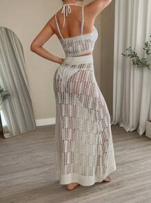 SHEIN Swim 2pcs/Set Women Summer Outfits, Crochet Hollow-Out Cropped Camisole Top And Long Maxi Skirt, Beachwear Bikini Coverup - White - View 4