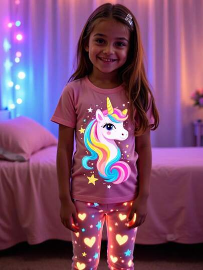 SHEIN Young Girls Pajamas - 2pcs Set Of Pink Glow-In-The-Dark Cute Unicorn Printed Comfortable Casual Round Neck Short Sleeve T-Shirt And Printed Long Pants, Snug Fit Homewear