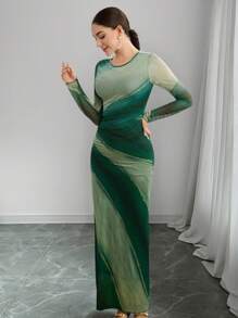 Graceveil Elegant Round Neck Mesh Floral Print Women Dress, Spring/Summer - Multicolor - View 3