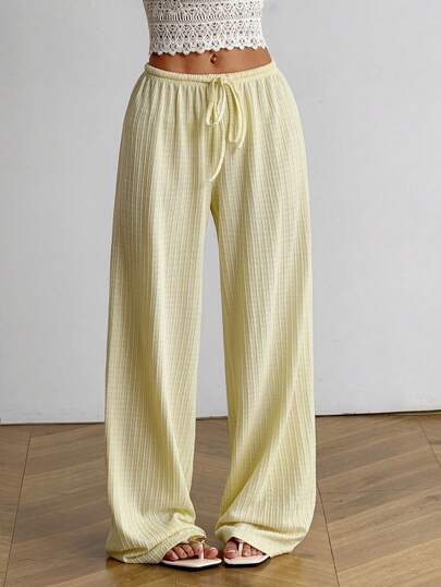 SHEIN EZwear Women's Summer  Butter Yellow New Knitted Textured Light Yellow Trousers, Suitable For Vacation Wear And Daily Home Wear