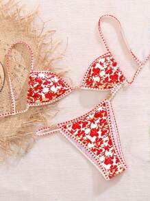 Swim Mod Springbreak Tropical Plant Print And Plaid Orange Micro Triangle Bikini Top - Red - View 5