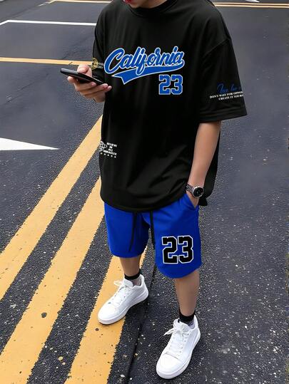 Aesthetic Post 男士字母印花休闲短袖 T 恤和抽绳腰短裤套装