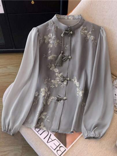 SHEIN Clasi 花卉刺绣立领纽扣优雅长袖衬衫女式衬衫