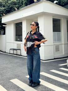 SHEIN Teen Girl Contrasting Color Letter Graphic Loose Fit Turn-Down Collar Short Sleeve Shirt