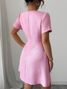 Elenzga Women Elegant Faux Placket Waist Cinched Short Sleeve Mini Dress - Pink - View 2