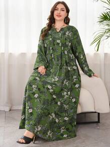 Lacomfia 女士 V 领长袖亚麻印花优雅精致舒适通勤清爽大码连衣裙