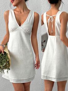 SHEIN EZwear 女士白色编织抽绳露背短款迷你连衣裙 - 白色 - 查看 1