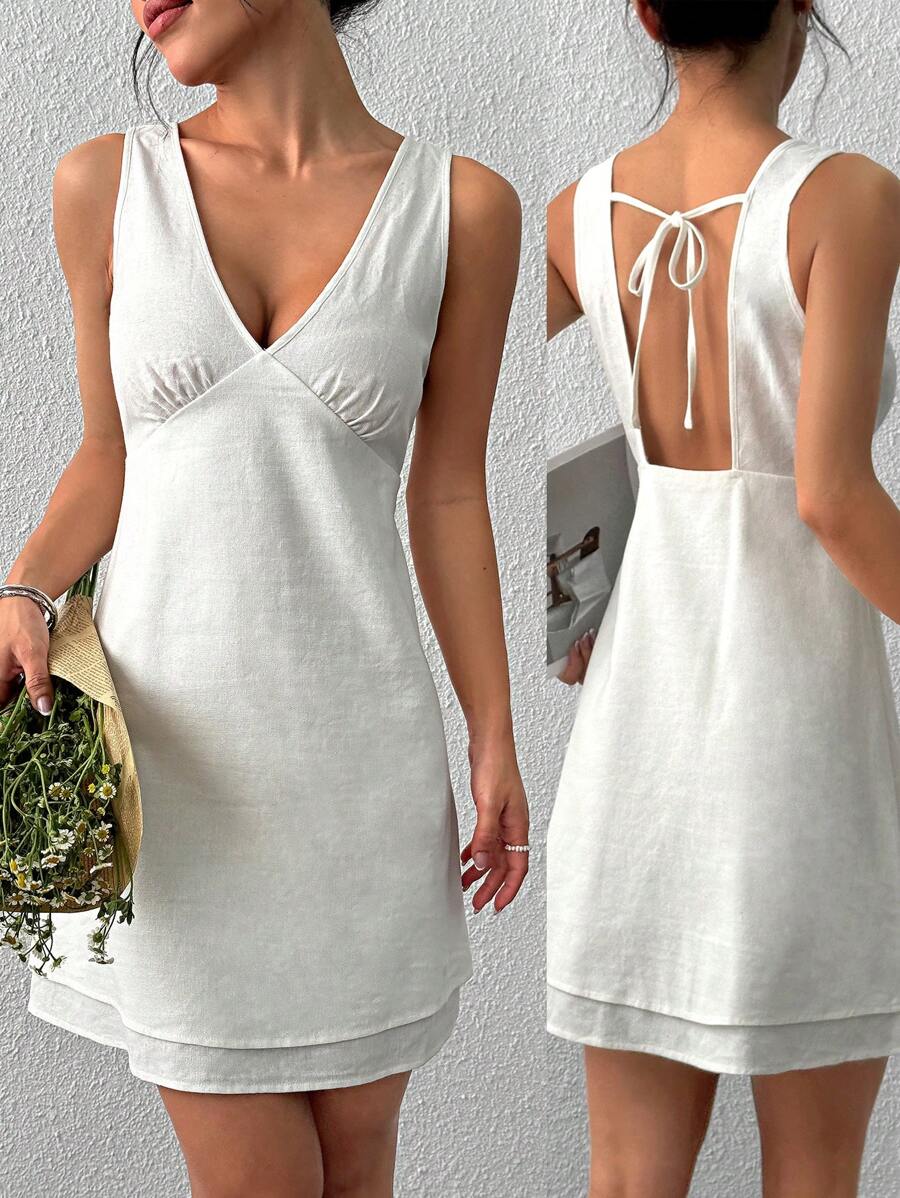 SHEIN EZwear 女士白色编织抽绳露背短款迷你连衣裙 - 白色 - 查看 1