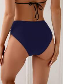 Swim Chiccia Solid Color Swimwear Shorts With Metallic Decor On Waist Side, Spring Break Beach Vacation For Summer - Navy Blue - View 2