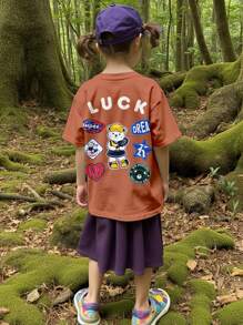 SHEIN Vintage American Style Teddy Bear & Outdoor Print Design, Casual Loose Fit Drop Shoulder Short Sleeve T-Shirt For Tween Girls, Suitable For Summer - White - View 4