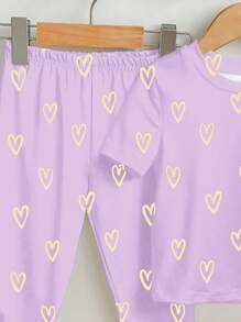 SHEIN Leap Crew 2pcs/Set Young Girl Casual Cartoon Pattern Short Sleeve T-Shirt And Leggings Pajama Set, Suitable For Spring/Summer - White - View 5