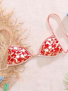 Swim Mod Springbreak Tropical Plant Print And Plaid Orange Micro Triangle Bikini Top - Red - View 1