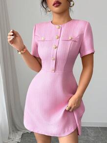 Elenzga Women Elegant Faux Placket Waist Cinched Short Sleeve Mini Dress - Pink - View 3