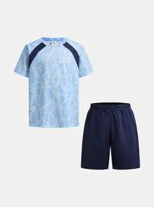 SHEIN 2pcs Tween Boy Casual Sports Pattern Fabric Round Neck Short Sleeve T-Shirt And Shorts Set, Suitable For Commuting, School, Daily Casual, Sports, Running, Basketball, Outdoor Activities, Spring/Summer - Blue - View 3