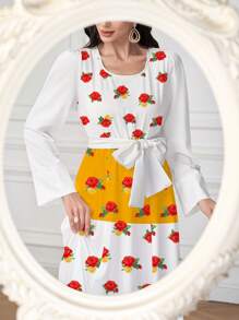 Al Najma Women's Colorblock Round Neck Puff Sleeve Dress With Belt, Elegant Comfortable Arabic Floral Print Polyester Dress, Suitable For Ramadan, Home, Outing, Party, Ramadan Traditional Clothing