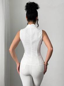 Elenzga Classic Solid Color Textured Mandarin Collar Cinched Waist Front Tied Camisole - White - View 2