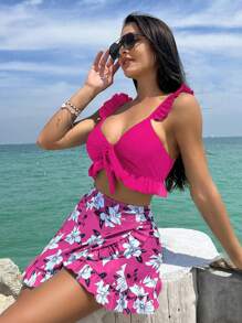 Swim Lushoire 3pcs/Set Women Summer Beach Floral Print Halter Bikini Set With Ruffled Edge + Cover Up + Mini Skirt, Random Print - Hot Pink - View 1
