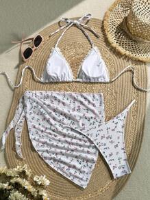 SHEIN Swim Set de 3 piezas Traje de baño con falda, estilo deportivo y juvenil, con malla con volantes y diseño floral diminuto para mujer - Rosa - Ver 7