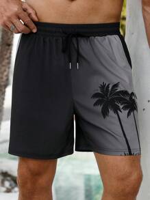Manfinity VDAYZ Bóxer de baño para hombre, shorts de playa informales con estampado 3D degradado de árboles de coco hawaianos, con cordón en la cintura, una sola capa sin forro, perfecto para uso casual, vacaciones y ropa de playa, hawaianos