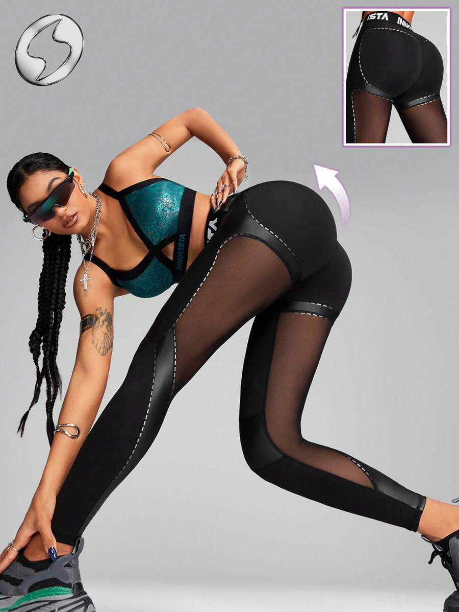 Innovista Women Activewear Foil Print Sports Leggings, Faux Leather & Metallic Shine Gym Bottom, Breathable Mesh Cut Out & Elastic Workout Outfits, Fitness Pants, Sculpting Shapewear, Edgy &Unique Sleek & Lux Tracksuit, Music Festival, Party, Dance, Electric, Yoga, Mat, Pilates, Running, Cardio, Strength, Weights, Outdoor, Hike, Camping, Trail, Volleyball, Going Out, Dance, Athleisure, Black, Y2K, Autumn Fall Gear, Waist Trainer - Black - View 1