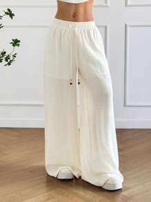 SHEIN EZwear Women's Summer Apricot Solid Bohemian Oversized Wide Leg Pants For Vacation Wear And Music Festival Wear - Apricot - View 5