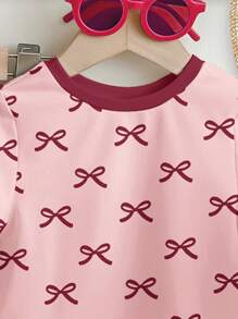 SHEIN Leap Crew 女宝宝休闲简约短袖圆领裤套装，适合春夏季 - 白色 - 查看 4
