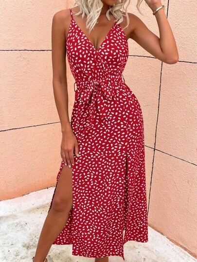Breezaya Allover Print Slit Hem Belted Cami Dress Maxi Vacation Beach Outfits Women