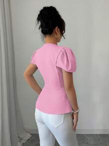Elenzga Women's Solid Color Single-Breasted Short Puff Sleeve Elegant Blouse - Pink - View 2