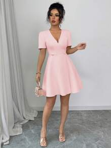 Elenzga Women's Solid Color Elegant French Style Commute Crossed V-Neck Double-Breasted Decorative Big Hem A-Line Short Sleeve Mini Dress, Spring/Summer - Pink - View 4