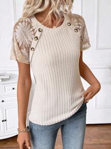 SHEIN LUNE Women's Summer Casual Knit Textured Floral Lace Button Accent Raglan Sleeve Fitted Crew Neck T-Shirt, Suitable For Daily Casual Life, Travel, Vacation, Countryside, Bohemian, Rural Style - Apricot - View 7