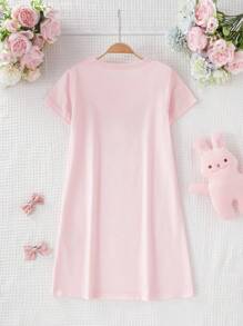 Young Girl Cute Rabbit Expression Graphic Short Sleeve Long Nightgown, Comfy Sleepwear & Matching Family Set - Pink - View 3