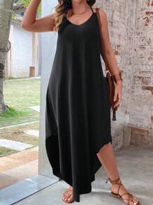 SHEIN LUNE 加大码纯色度假休闲连衣裙，带弧形下摆，超长女装