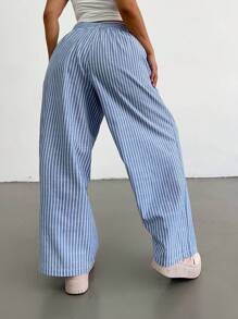 SHEIN MOOSTA Plus Size Woven Elastic Waist Striped Wide Leg Pants - Multicolor - View 2