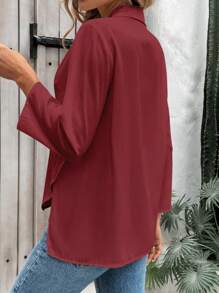 Chiquease Women 3/4 Sleeve Button-Front Solid Color Blouse, Casual For Beach And Holiday - Burgundy - View 2
