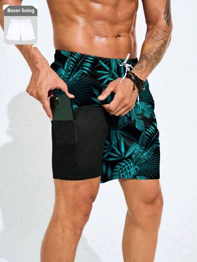 Zalmeno 男士系带全印花休闲沙滩短裤，度假风，夏威夷风
