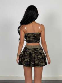 SHEIN Teen Girls Spring/Summer 2pcs/Set Y2K Camo Print Cropped Tube Top And Super Mini Skirt