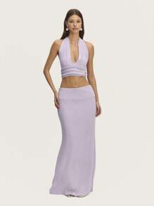 Nöista Falda larga de jacquard lila con dobladillo acampanado y cintura ancha para una silueta elegante. Perfecta para el verano, las vacaciones de Pascua y las graduaciones. - Púrpura malva - Ver 4