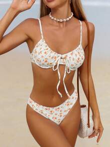 Swim Mod Women's Summer Beach Ditsy Floral Tie Front Sexy Bikini Set - Orange - View 3