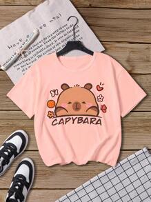 SHEIN Explorewe Camiseta informal de manga corta con cuello redondo y estampado de letra de dibujos animados para niñas preadolescentes - Rosa - Ver 3