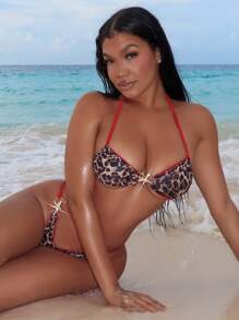 Swim SXY 2pcs Women Leopard Print Bikini Set With Contrast Trim And Golden Starfish Decor, For Summer Beach Vacation - Multicolor - View 2