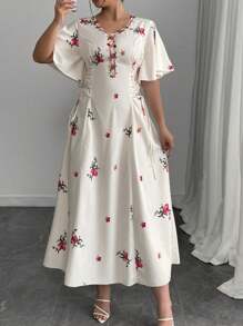 Modelyn Vestido de vacaciones con manga corta, escote A, con volantes y estampado floral para mujer de talla grande - Multicolor - Ver 4