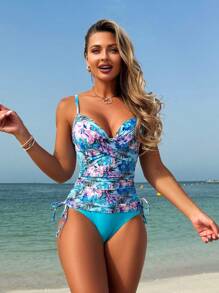 Swim Lushoire Women's Spring/Summer Beach Tropical Plants Random Print Underwire Gather Drawstring Strap Tank Top Bikini Two Pieces Set - Multicolor - View 1