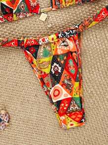 SHEIN Swim Conjunto de bikini sexy con estampado floral y geométrico, con colgante metálico con flecos para vacaciones en la playa de mujer