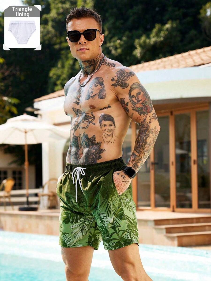 Manfinity VDAYZ 男式前系带口袋印花休闲沙滩短裤 - 軍綠色 - 查看 1