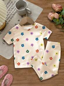 SHEIN Baby Girl Casual Minimalist Snug Fit Round Neck Short Sleeve & Long Pants Pajama Set, Suitable For Summer - White - View 3
