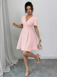 Elenzga Women's Solid Color Elegant French Style Commute Crossed V-Neck Double-Breasted Decorative Big Hem A-Line Short Sleeve Mini Dress, Spring/Summer - Pink - View 6