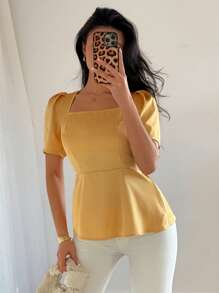 Elenzga Damska satynowa bluzka w jednolitym kolorze z kwadratowym kołnierzykiem i bufiastymi rękawami